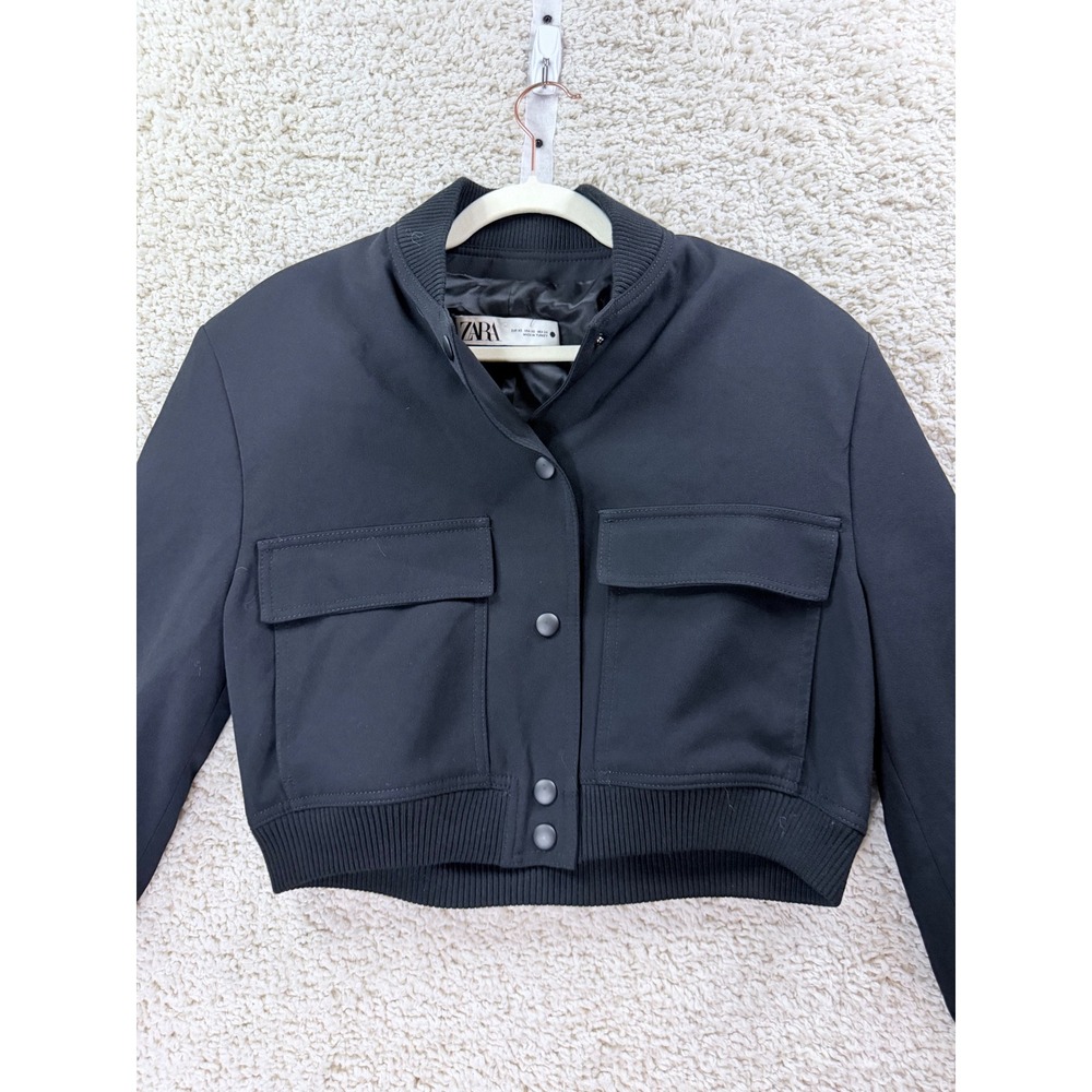 Womens XS Zara Bomber Jacket Black Cropped Utility Snap Front Streetwear Y2K